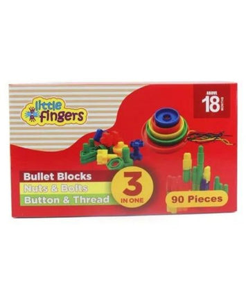Little Fingers 3 in 1; Bullet Blocks, Nuts Bolts & Button Thread Blocks - 90 Pieces